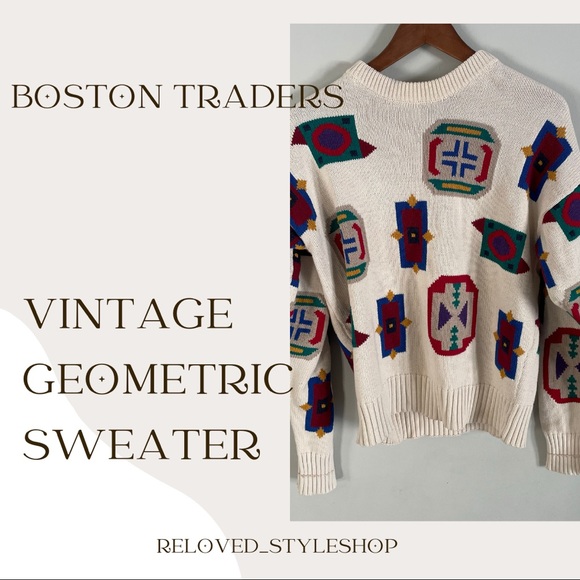 Boston Traders   Vintage Geometric Knit Sweater Cream Colour Shapes Size Medium - Picture 1 of 10